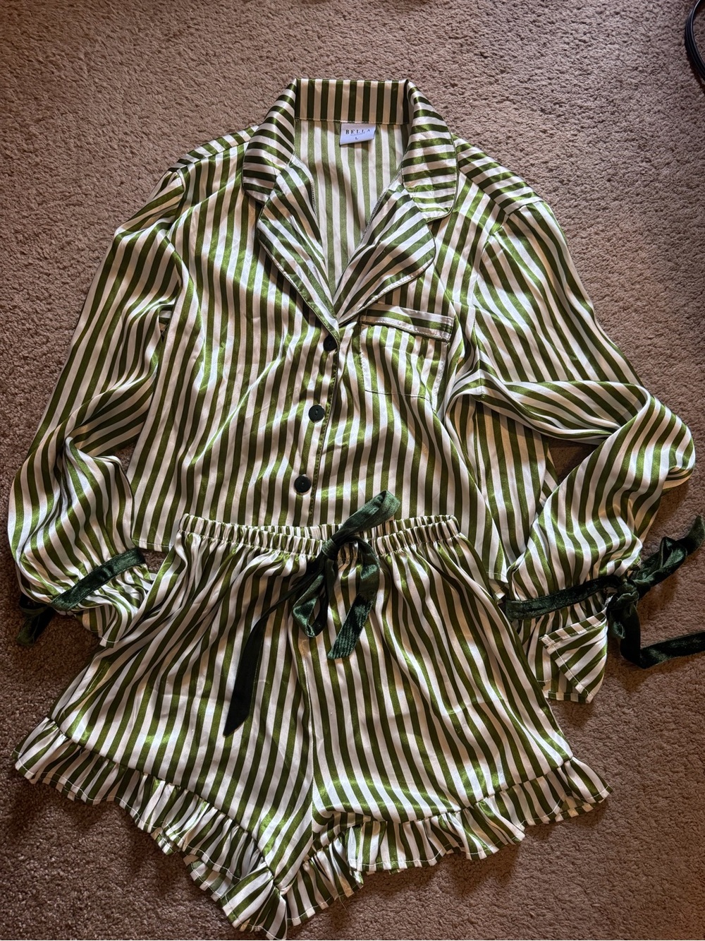 Bella Sleep & Spa Olive Green & White Striped Satin Button-Down pj set